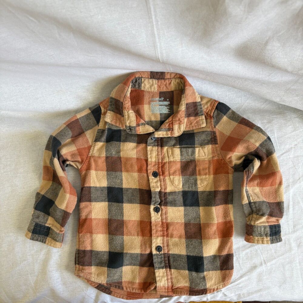 Cat & Jack Toddler Boys 3T Brown Orange Plaid Cotton Flannel Shirt